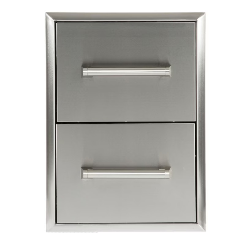 Modern two-drawer cabinet with sleek silver finish and minimalist handles, ideal for storage solutions in contemporary spaces.