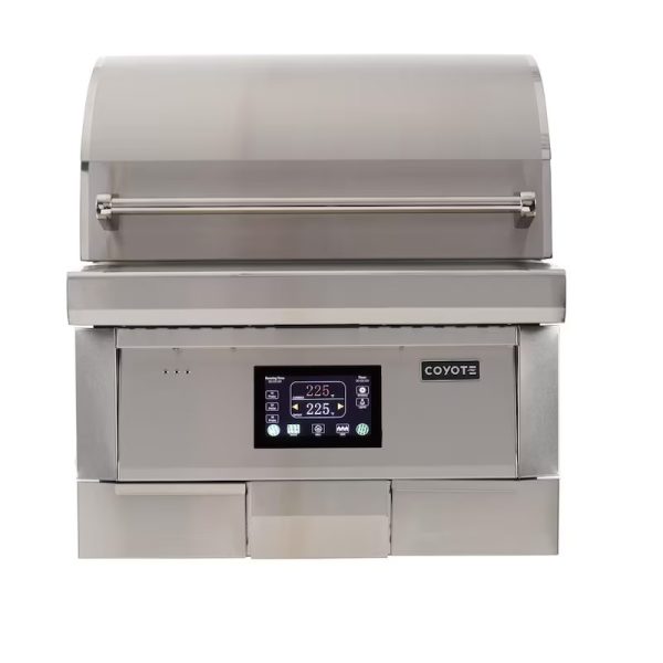 Coyote stainless steel outdoor grill with digital temperature display and control panel, designed for efficient grilling and outdoor cooking.