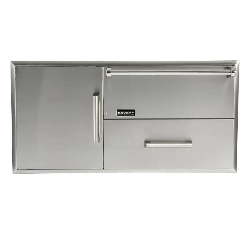 732fb1a4-ad34-47e3-9d51-85fc49ce8892.jpg Stainless steel outdoor kitchen storage cabinet with two doors and a drawer, featuring Coyote branding. Ideal for organizing grilling tools and accessories.