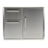 Stainless steel outdoor kitchen cabinet with two drawers and one door, designed for durability and modern aesthetics.