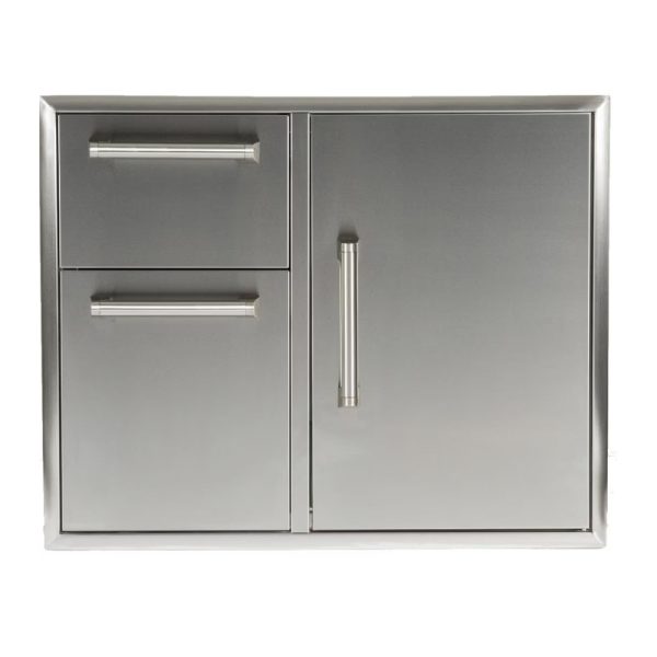 Stainless steel outdoor kitchen cabinet with two drawers and one door, designed for durability and modern aesthetics.