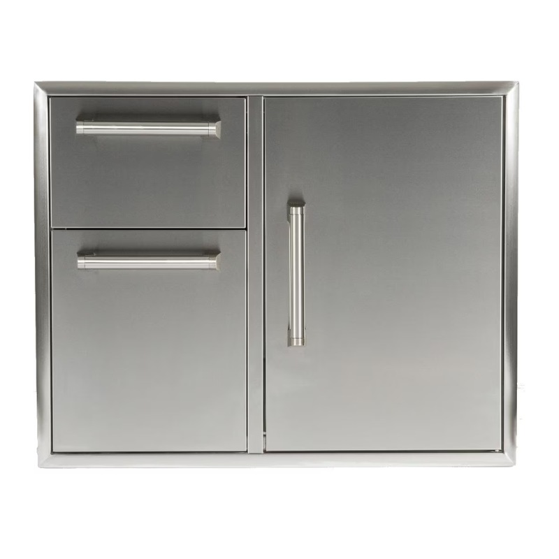 Stainless steel outdoor kitchen cabinet with two drawers and one door, designed for durability and modern aesthetics.