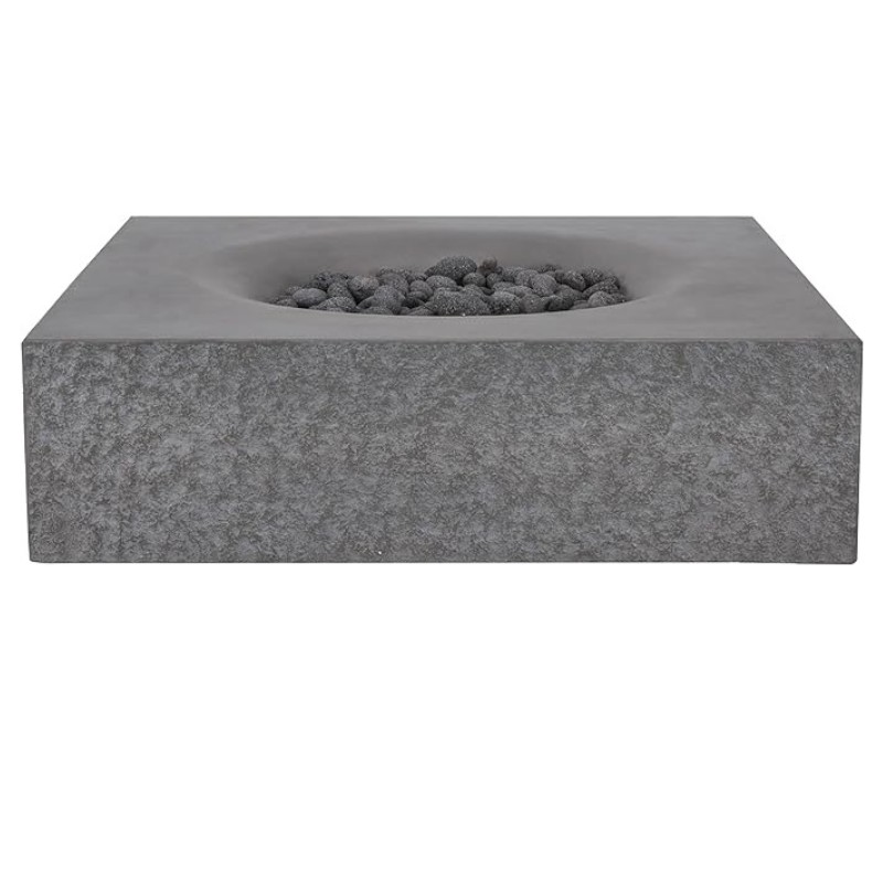Modern rectangular concrete fire pit with a central area filled with decorative stones, perfect for outdoor gatherings and ambiance.