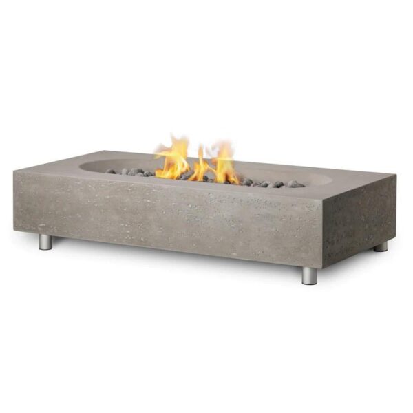 Modern concrete outdoor fire pit with flames and decorative stones, ideal for enhancing patio ambiance.