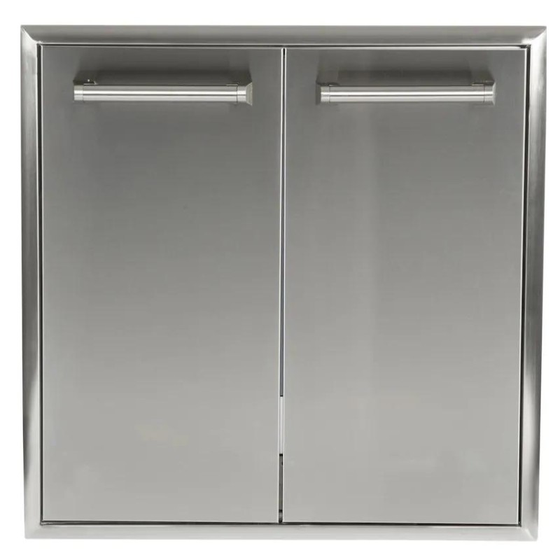 Stainless steel outdoor kitchen cabinet with double doors and sleek handles. Ideal for storage and organization in outdoor cooking spaces.