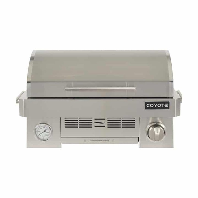 Stainless steel Coyote gas grill with a sleek design, built-in thermometer, and control knob for precise cooking. Ideal for outdoor grilling enthusiasts.