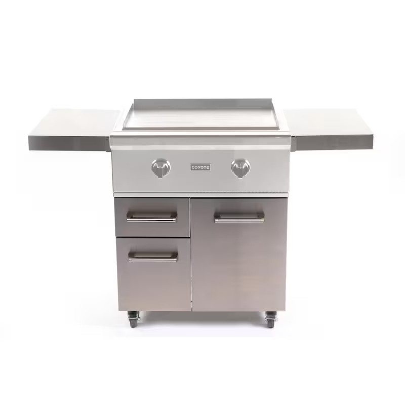 Stainless steel outdoor griddle with two burners and storage drawers, ideal for cooking a variety of meals.