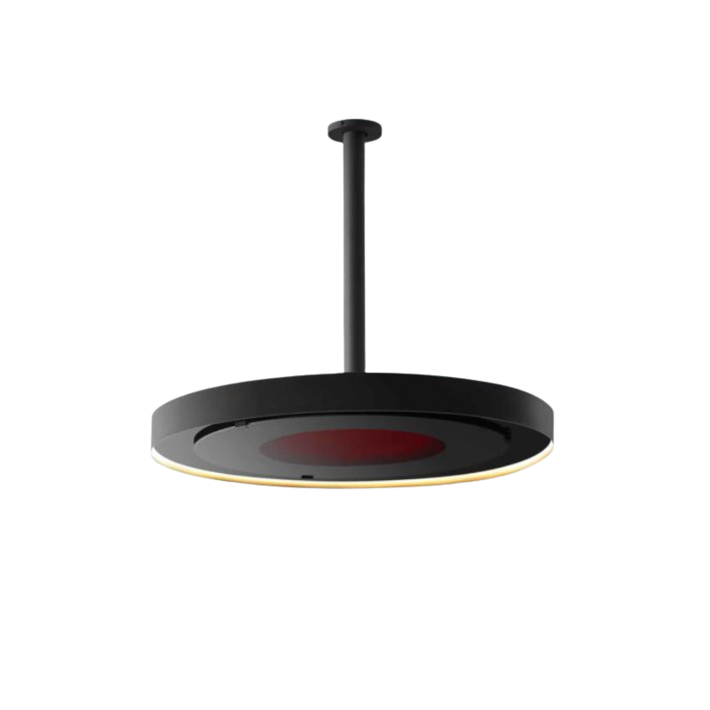 Modern black circular pendant light with a red center and warm LED edge, ideal for contemporary interior decor.