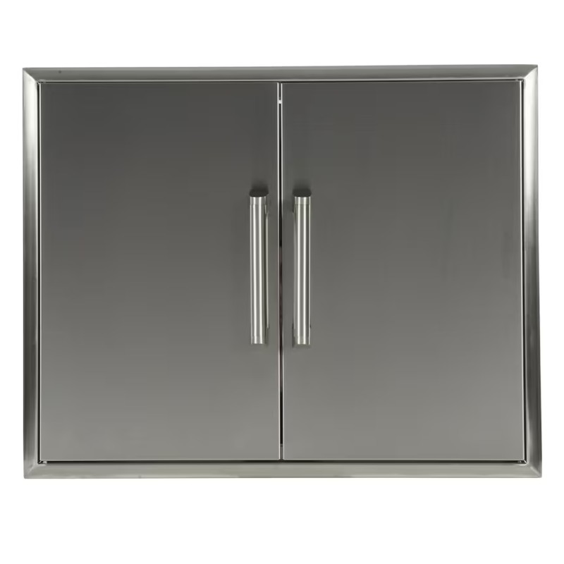 Stainless steel outdoor kitchen cabinet with double doors and sleek handles, ideal for storage and organization.
