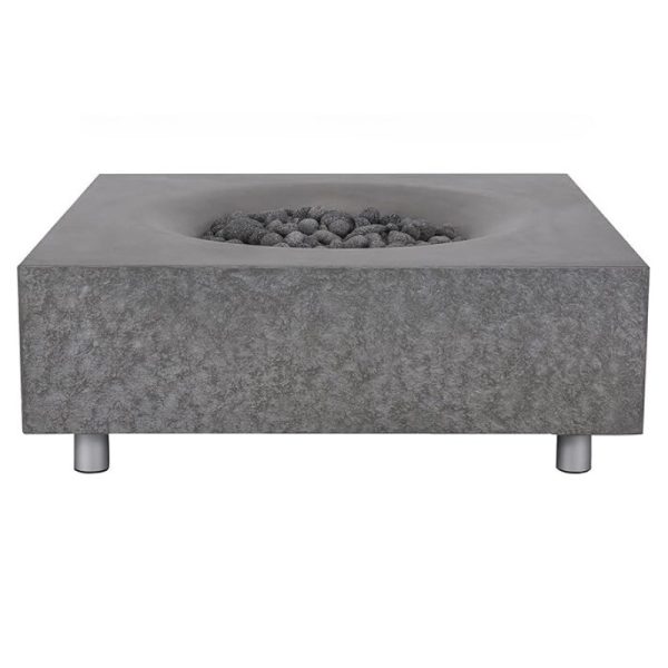 Modern concrete fire pit with decorative stones, sleek design, and metal legs, ideal for outdoor gatherings.