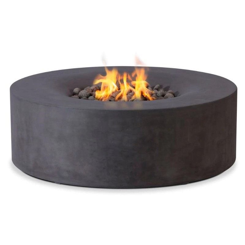 Modern round concrete fire pit with flames and decorative lava rocks, ideal for outdoor gatherings and ambiance.