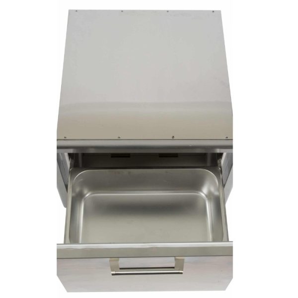 Stainless steel outdoor kitchen drawer with a pull-out tray, ideal for grilling and food storage.