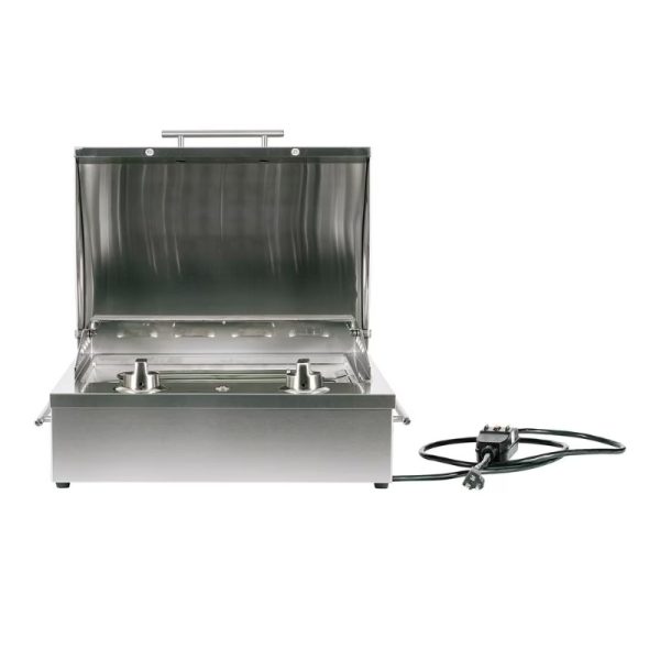 Stainless steel electric hot dog steamer with an open lid, featuring two steaming compartments and a power cord. Ideal for commercial kitchens and events.