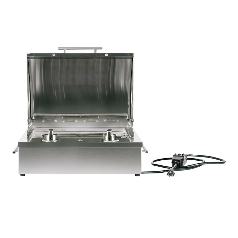 Stainless steel electric hot dog steamer with an open lid, featuring two steaming compartments and a power cord. Ideal for commercial kitchens and events.