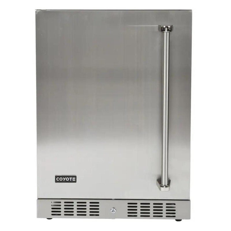 Coyote stainless steel outdoor refrigerator with a sleek design and a vertical handle, ideal for patios and outdoor kitchens.