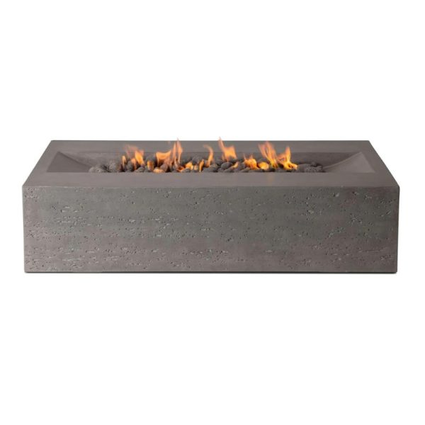Modern rectangular concrete fire pit with flames and decorative rocks, perfect for outdoor gatherings.