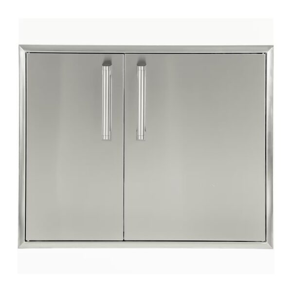 Stainless steel cabinet with double doors and sleek handles, suitable for modern kitchens or outdoor spaces.