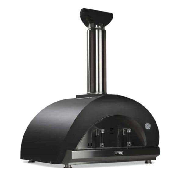 Coyote outdoor pizza oven with a sleek black design and stainless steel chimney, ideal for creating delicious homemade pizzas.
