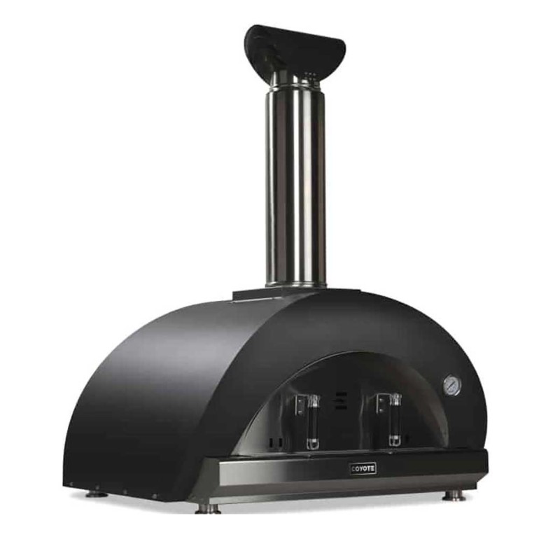 Coyote outdoor pizza oven with a sleek black design and stainless steel chimney, ideal for creating delicious homemade pizzas.