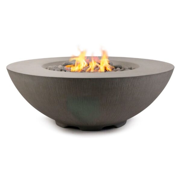 Modern outdoor fire pit with a sleek, round design featuring flames and decorative stones, perfect for enhancing backyard gatherings.