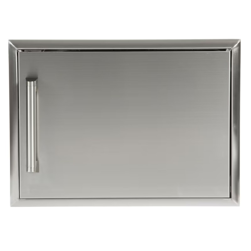 Stainless steel outdoor kitchen drawer with a sleek design and modern handle. Ideal for outdoor storage and organization.