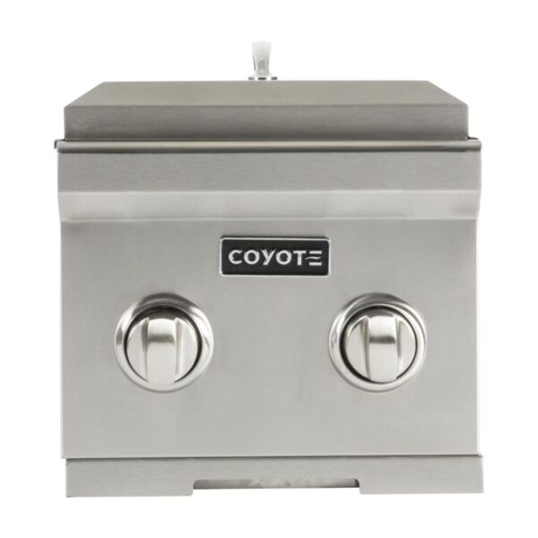 Coyote stainless steel outdoor grill with two control knobs and a sleek design, ideal for backyard cooking and entertaining.