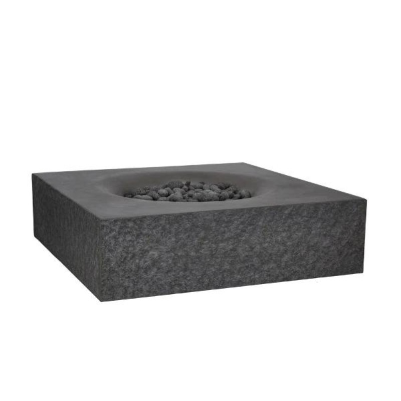 Modern square fire pit with a sleek gray design and decorative pebbles, ideal for outdoor gatherings and enhancing backyard ambiance.