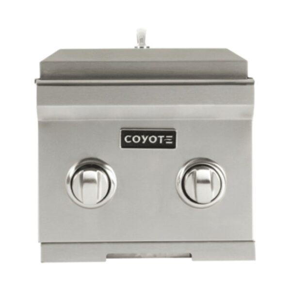 Coyote stainless steel built-in grill with two control knobs for outdoor cooking.