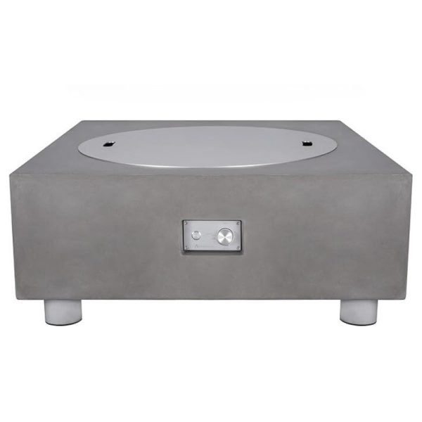 Concrete hot tub with a sleek design and control panel, featuring a round white lid and sturdy legs for stability. Ideal for outdoor relaxation and modern aesthetics.