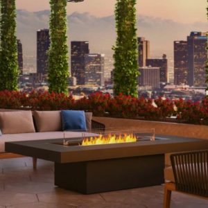 Modern outdoor seating area with a fire pit, overlooking a city skyline at sunset, surrounded by greenery and flowers.