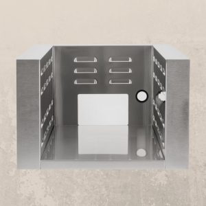 Stainless steel kitchen sink with multiple drainage slots and a smooth interior, designed for durability and easy cleaning.