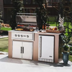 Outdoor kitchen featuring a stainless steel Coyote grill, with grilled meats and vegetables, a side refrigerator, and a decorative serving area with plants and beverages.