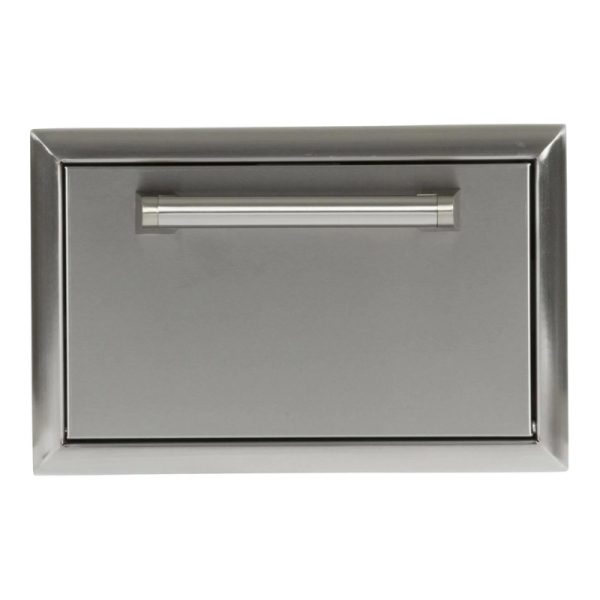 Stainless steel outdoor storage drawer with a sleek handle, designed for durability and functionality in outdoor kitchens.