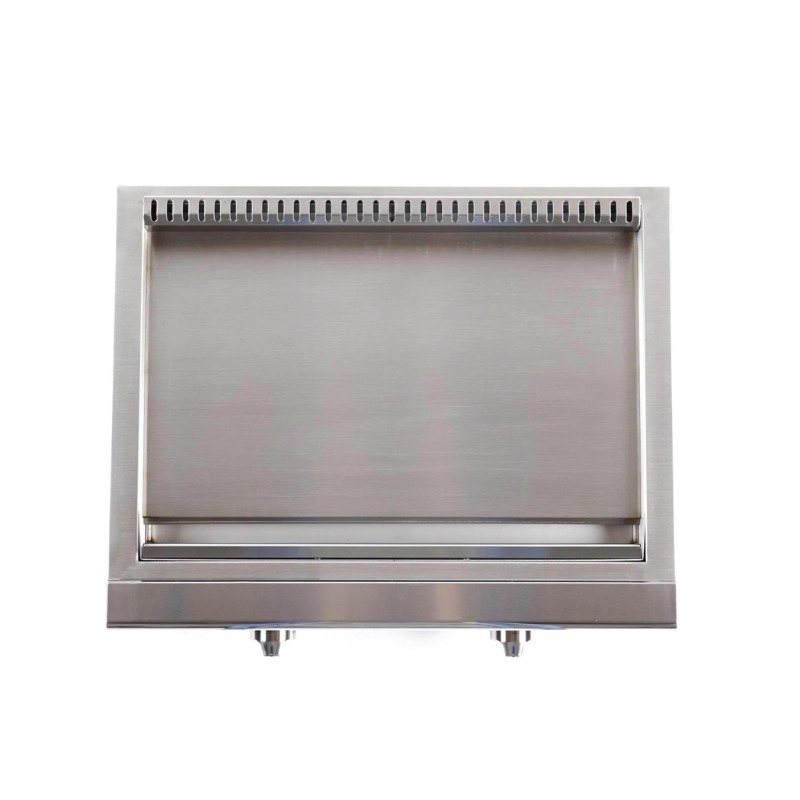 Stainless steel outdoor grill insert with ventilation slots and two gas connections for efficient cooking.