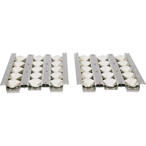 Two metal conveyor belt sections featuring diamond-shaped rubber pads for enhanced grip and durability in industrial applications.