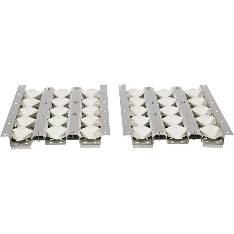 Two metal conveyor belt sections featuring diamond-shaped rubber pads for enhanced grip and durability in industrial applications.