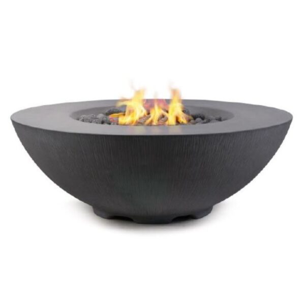 Modern outdoor fire pit with a sleek black design and flames surrounded by decorative rocks. Perfect for enhancing outdoor gatherings and providing warmth.