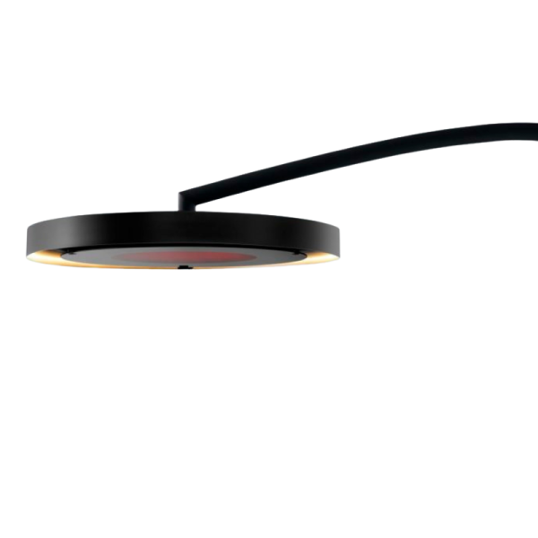 Modern black pendant light with a circular design and adjustable arm, ideal for contemporary home decor.