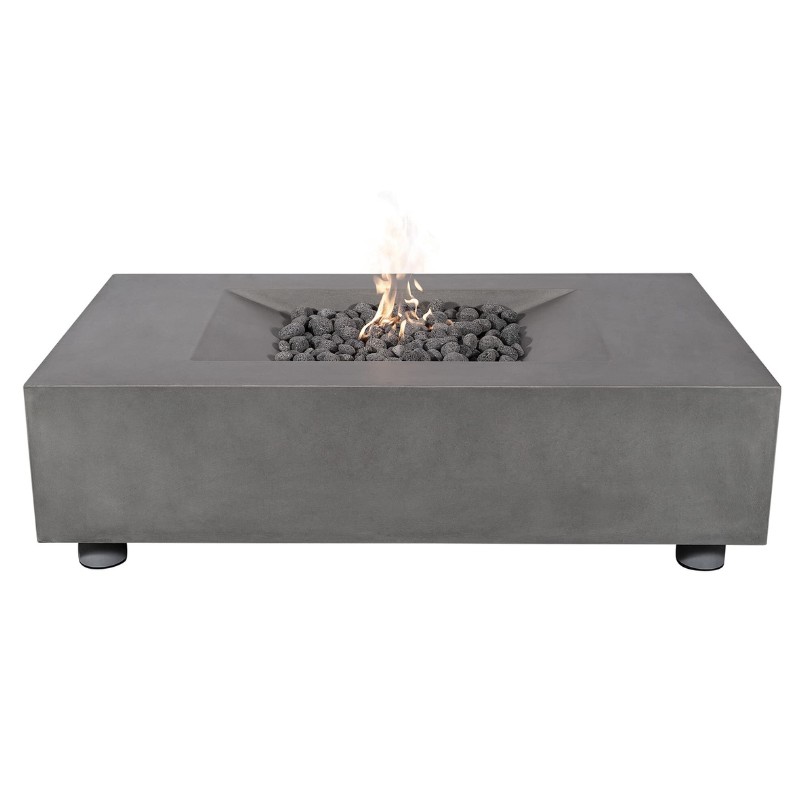 Modern rectangular concrete fire pit with lava rocks and flames, ideal for outdoor gatherings and enhancing patio aesthetics.