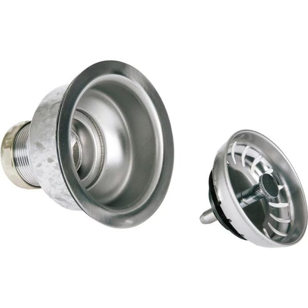 Stainless steel sink strainer and stopper assembly, designed for effective drainage and debris filtration in kitchen sinks.