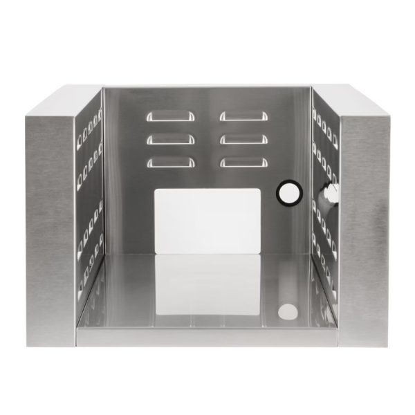 Stainless steel kitchen cabinet with interior shelving and ventilation slots, ideal for storage and organization.