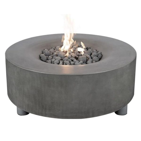 Modern round concrete fire pit with decorative stones and flames, perfect for outdoor gatherings and ambiance.