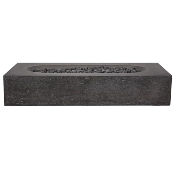 Modern rectangular concrete fire pit with lava rocks, perfect for outdoor gatherings and ambiance.