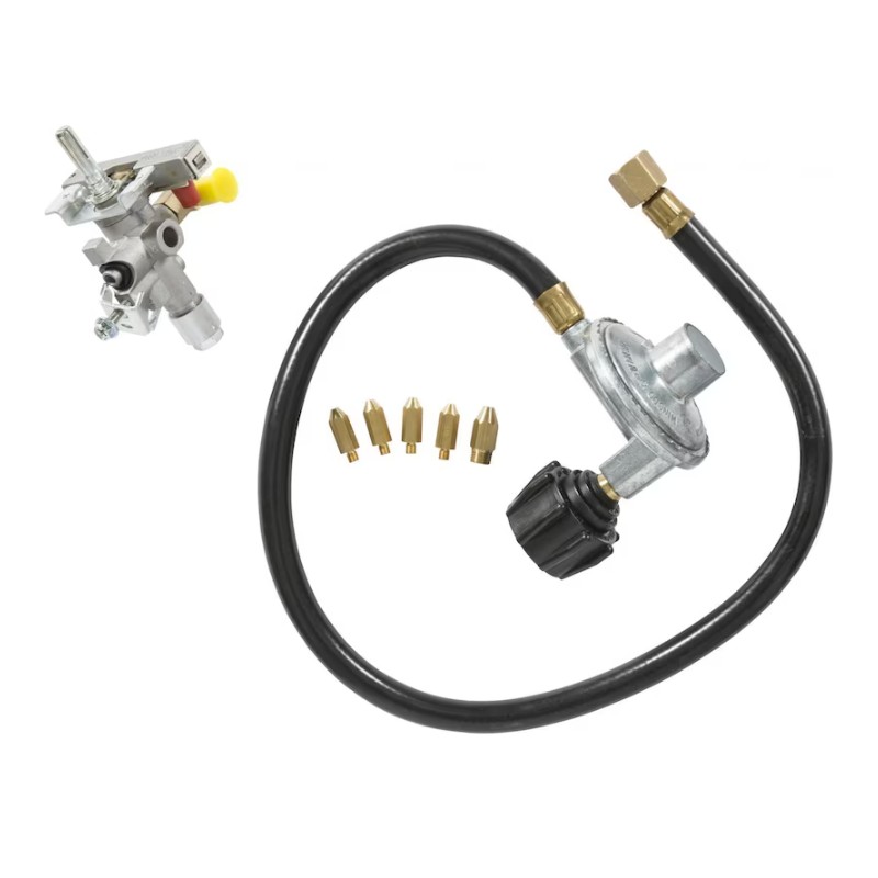 Gas regulator with hose and interchangeable nozzles for pressure control in gas appliances.
