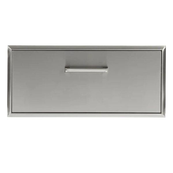 Stainless steel outdoor drawer with sleek handle, ideal for kitchen storage and organization.