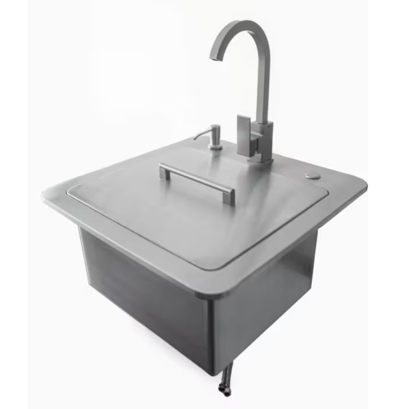Modern stainless steel kitchen sink with a sleek design, featuring a high-arc faucet and integrated handle for easy use. Ideal for contemporary kitchens.