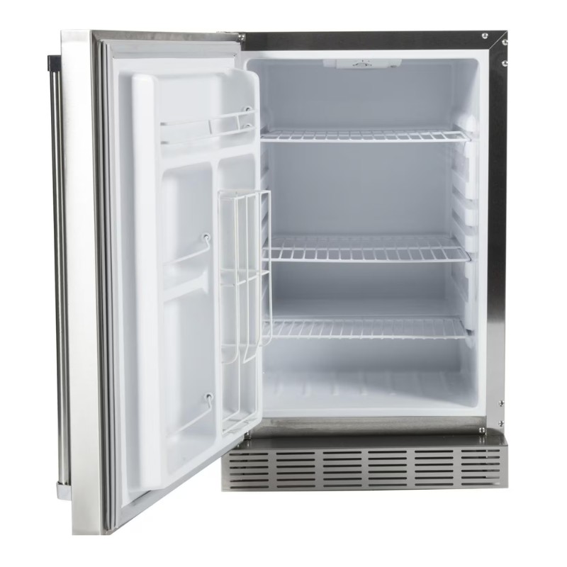 Stainless steel refrigerator with open door, showcasing empty shelves and ice compartment, ideal for home or commercial use.