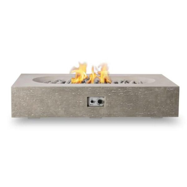 Modern concrete outdoor fire pit with flames and decorative stones, ideal for patios and gardens.