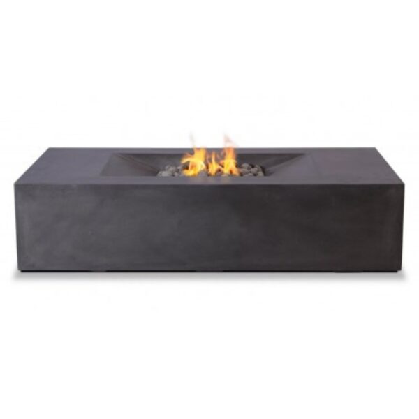 Modern rectangular outdoor fire pit with flames and decorative stones on a sleek black concrete base. Perfect for enhancing outdoor gatherings and ambiance.