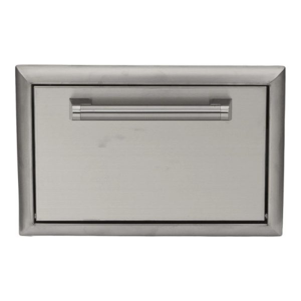 Stainless steel outdoor kitchen drawer with a sleek handle, designed for durability and storage.